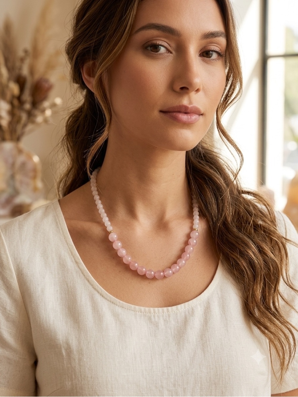 Genuine Crystal Quartz Pink Beaded Necklace from Brazil - Women Jewelry